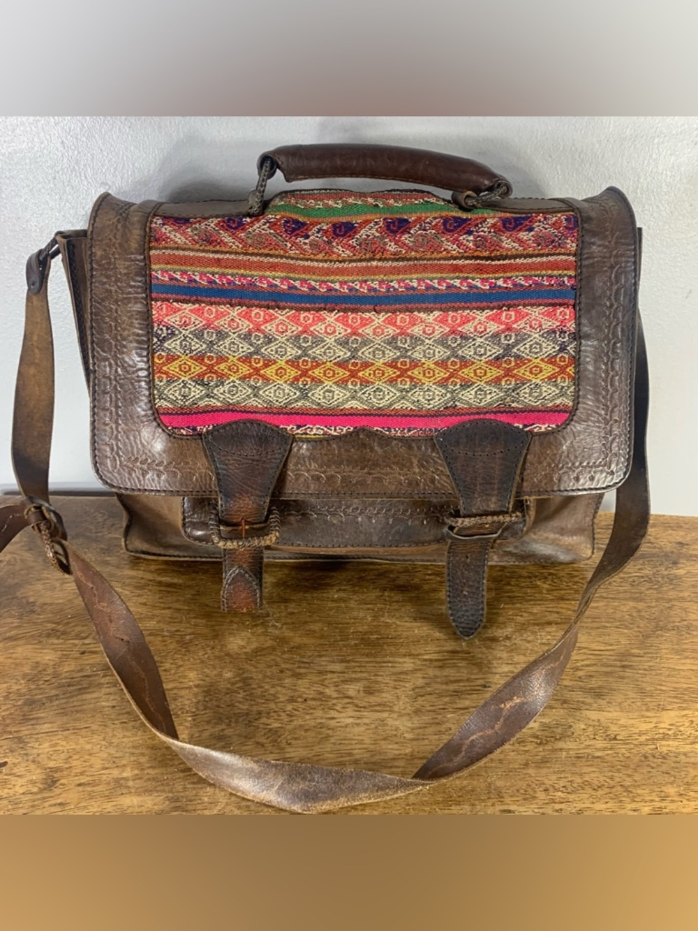 70s hand made boho style full grain hand stiched satchel unisex leather bag